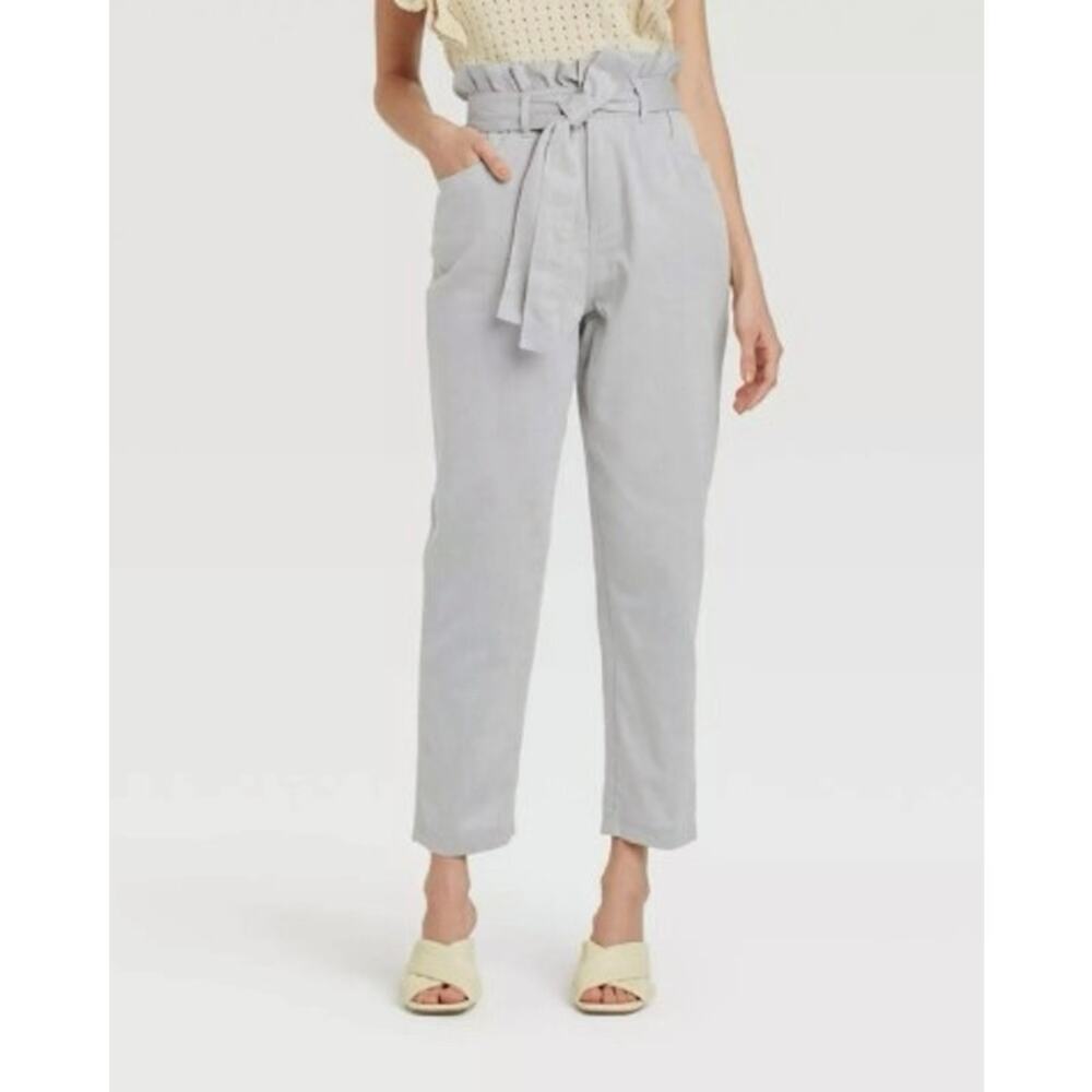 Who What Wear Women's Blue Chambray Ruffle High Waist Paper Bag Ankle Pant SZ 14